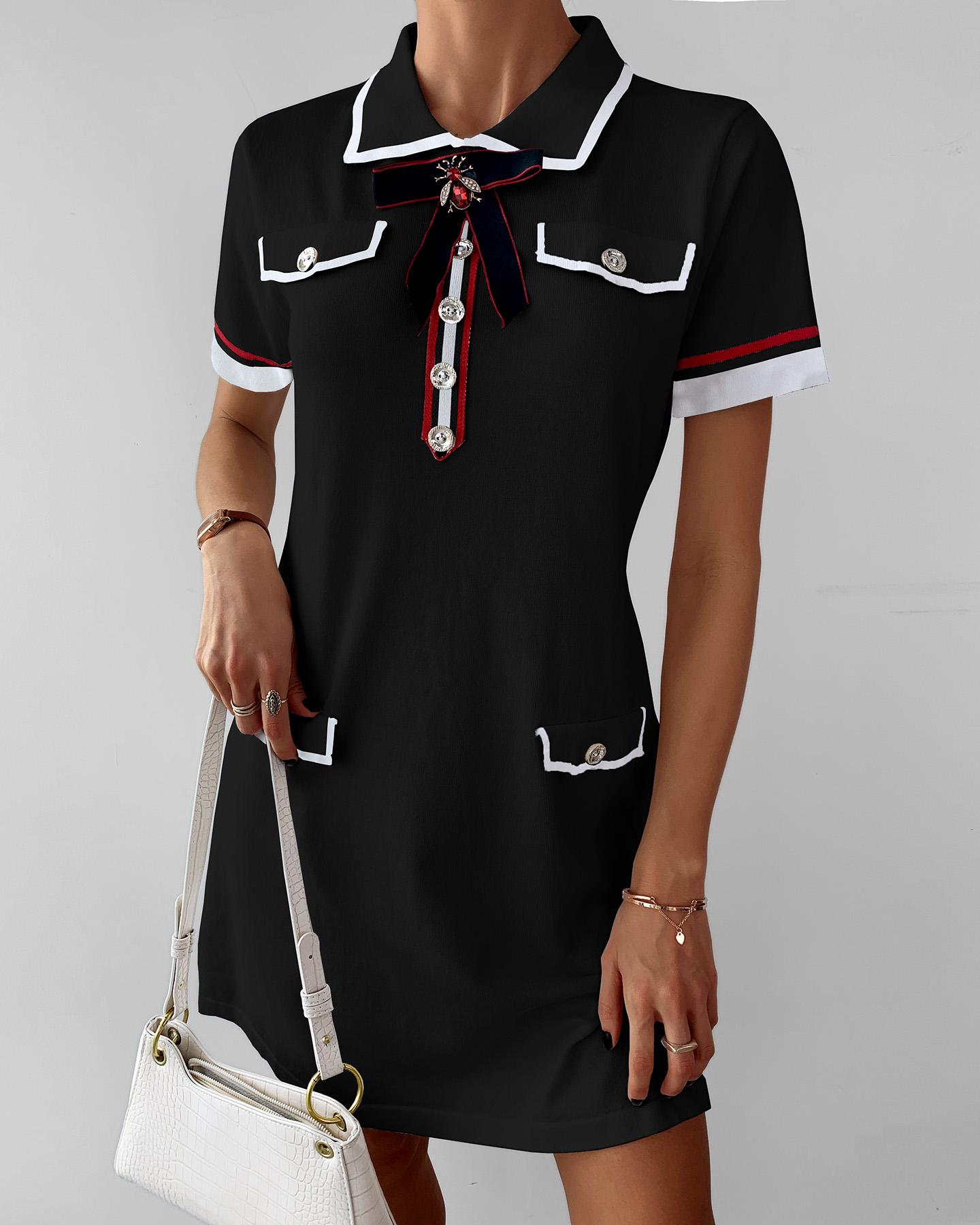 

Striped Colorblock Pocket Design Knit Dress, Black
