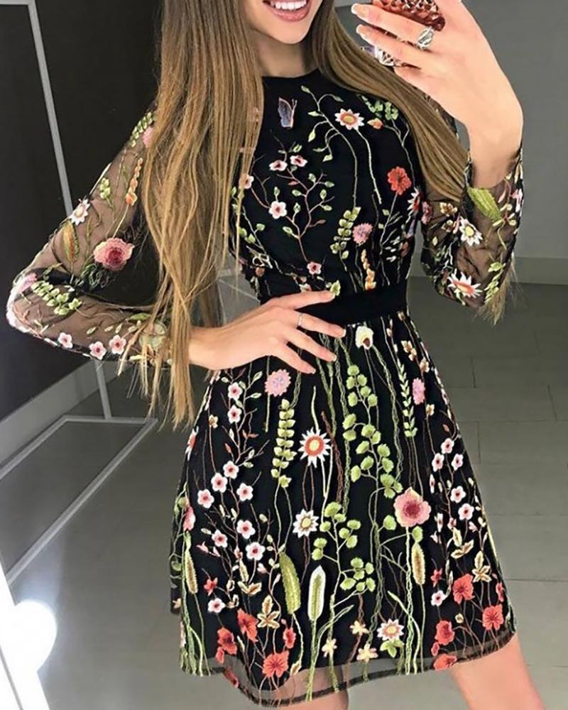 

Floral Embroidery Mesh Sleeve Mini Dress, Black