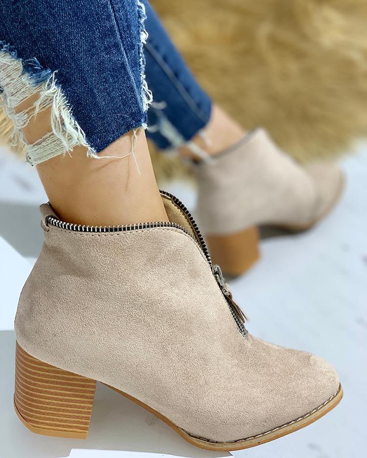 

Zipper Design Chunky Heeled Ankle Boot, Beige