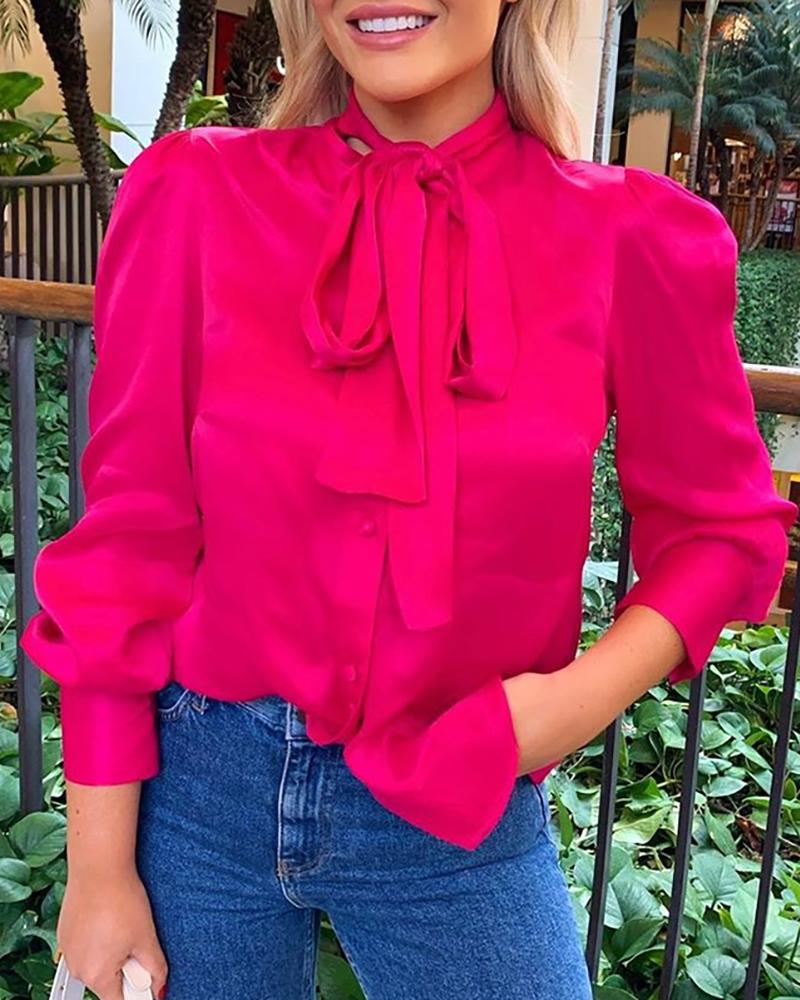 

Solid Tied Neck Design Buttoned Shirt