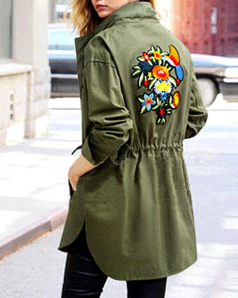 

Floral Pattern Button Design Drawstring Coat, Green