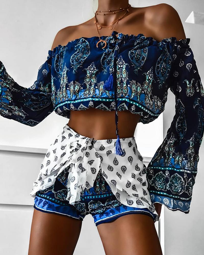 

Off Shoulder Ethnic Print Frill Hem Top & Layered Shorts Set, Blue