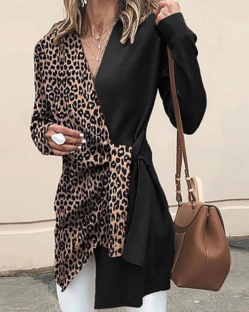 

Contrast V Neck Leopard Tunic, Black