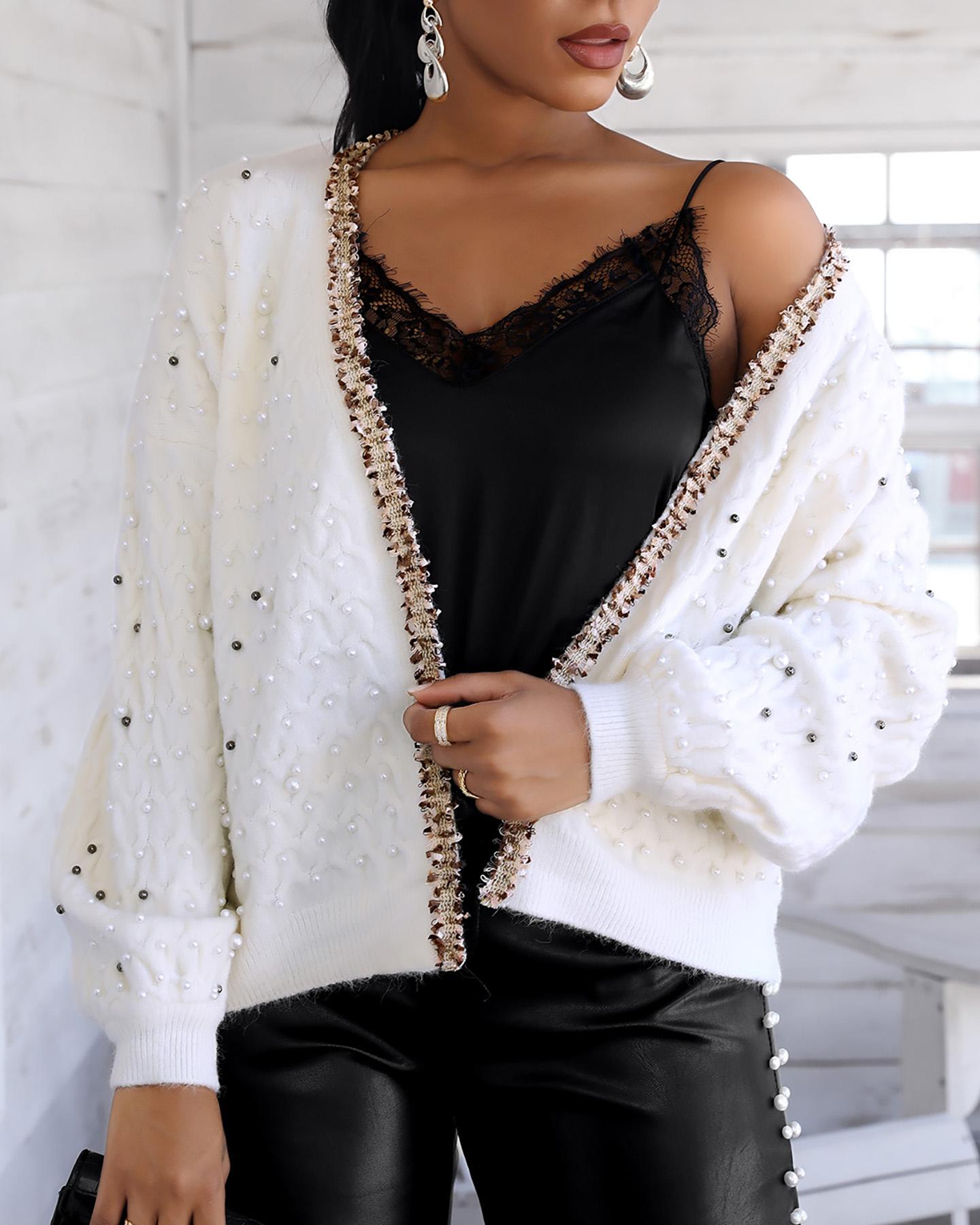 

Beaded Sequins Long Sleeve Cardigan, Beige