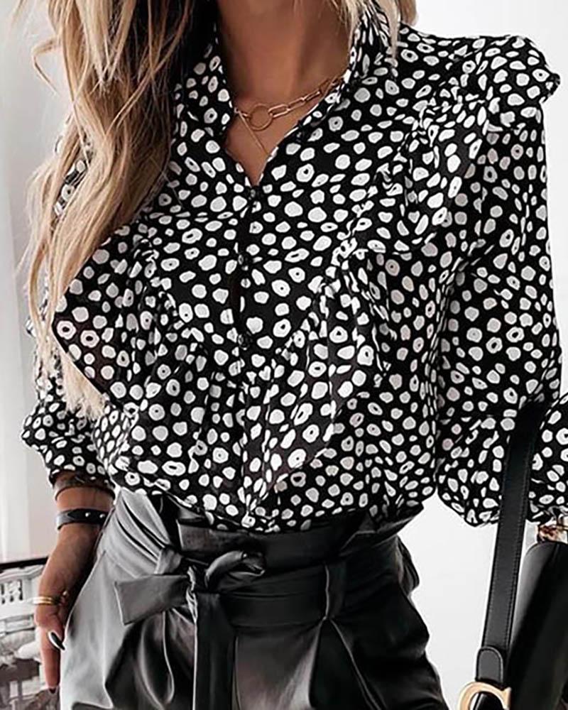 

Dot Print Ruffles Buttoned Casual Shirt, Black&white