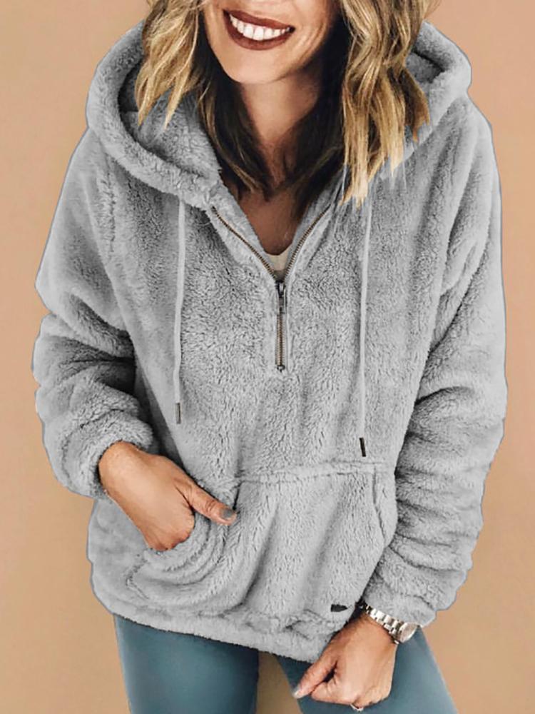 

Hooded Pocket Fluffy Casual Sweatshirt, Gray