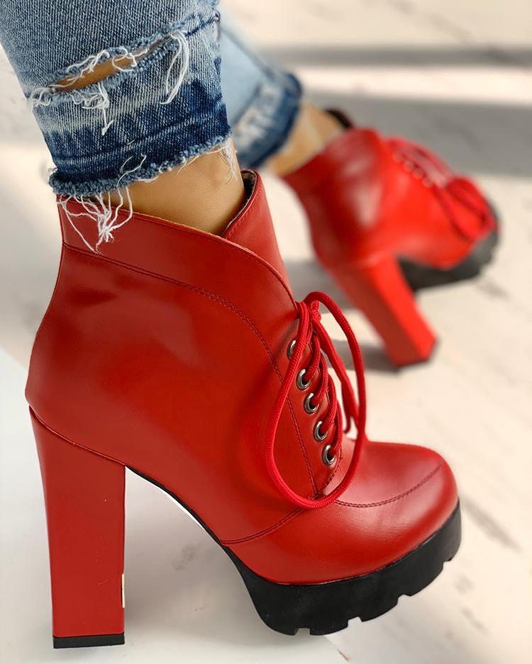 

PU Platform Lace-Up Chunky Heeled Boots