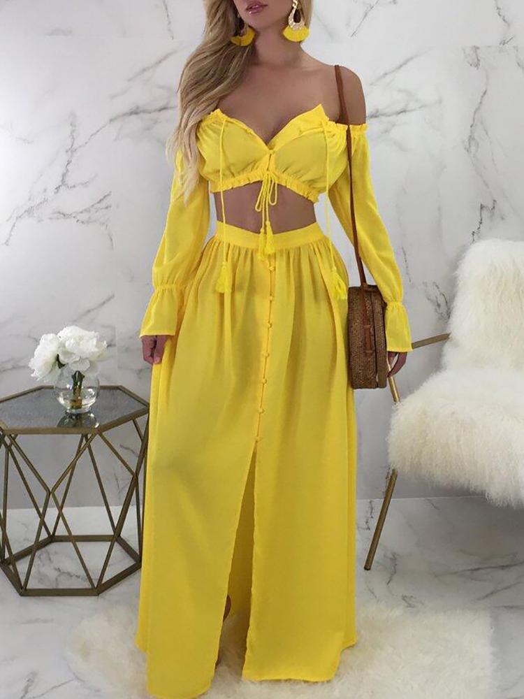 

Solid Off Shoulder Top With Maxi Skirt Sets, Yellow