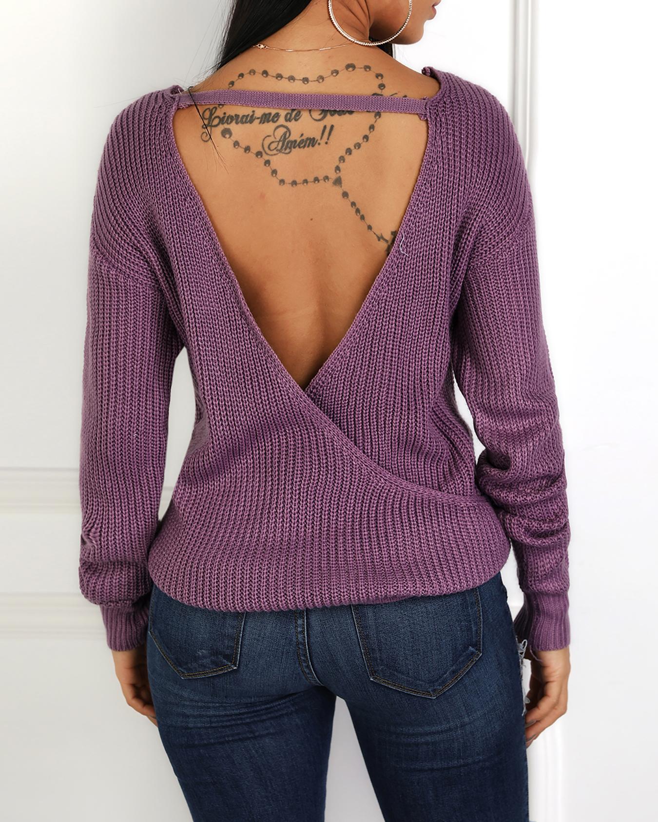 

Lace-up Open Back Casual Sweaters, Purple