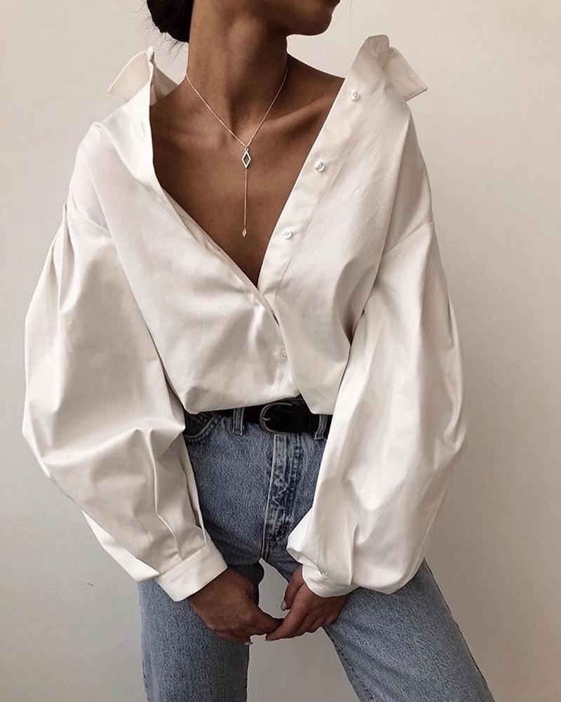 

Solid Lantern Sleeve Casual Shirt, White