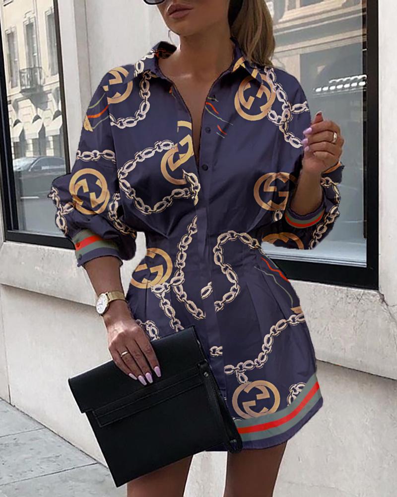

Chain Print Button Design Tight Waist Shirt Dress, Purplish blue