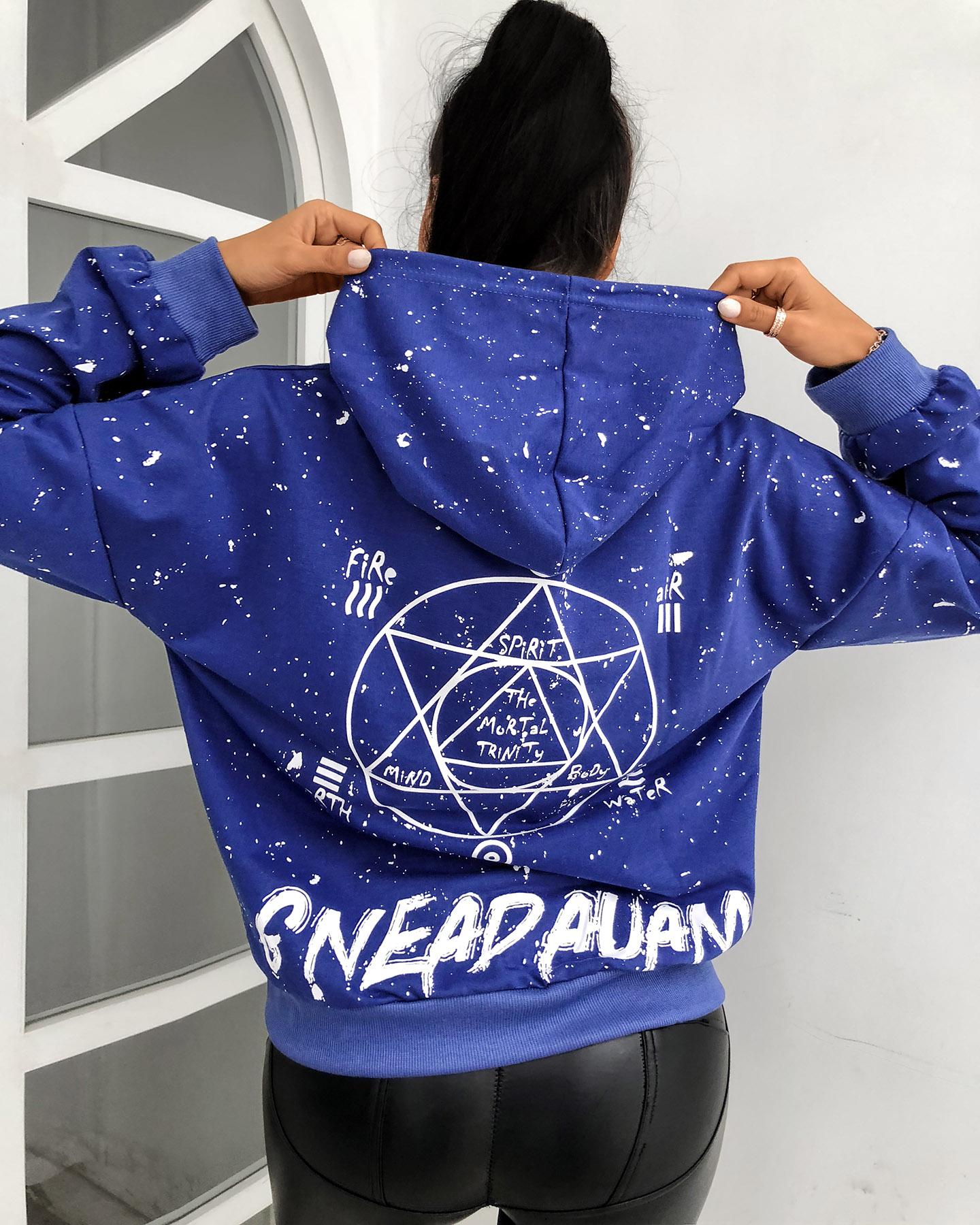 

Letter Print Long Sleeve Casual Hoodie, Blue