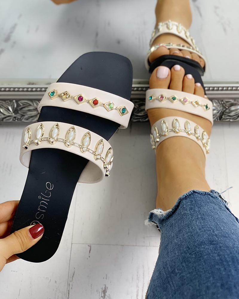 

Open Toe Studded Design Casual Sandals, Beige