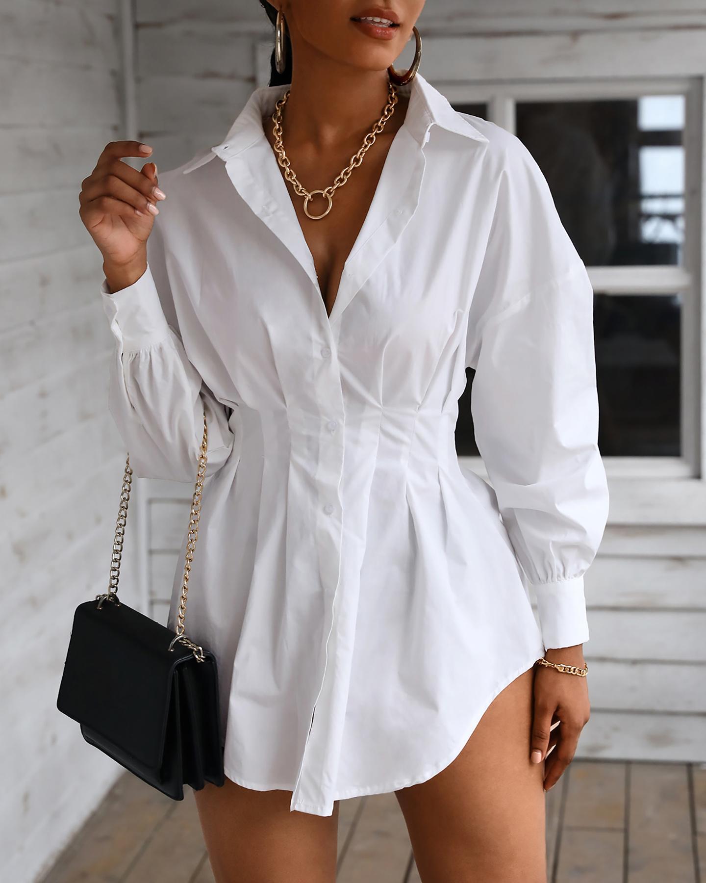 

Solid Long Sleeve Casual Shirt Dress, White