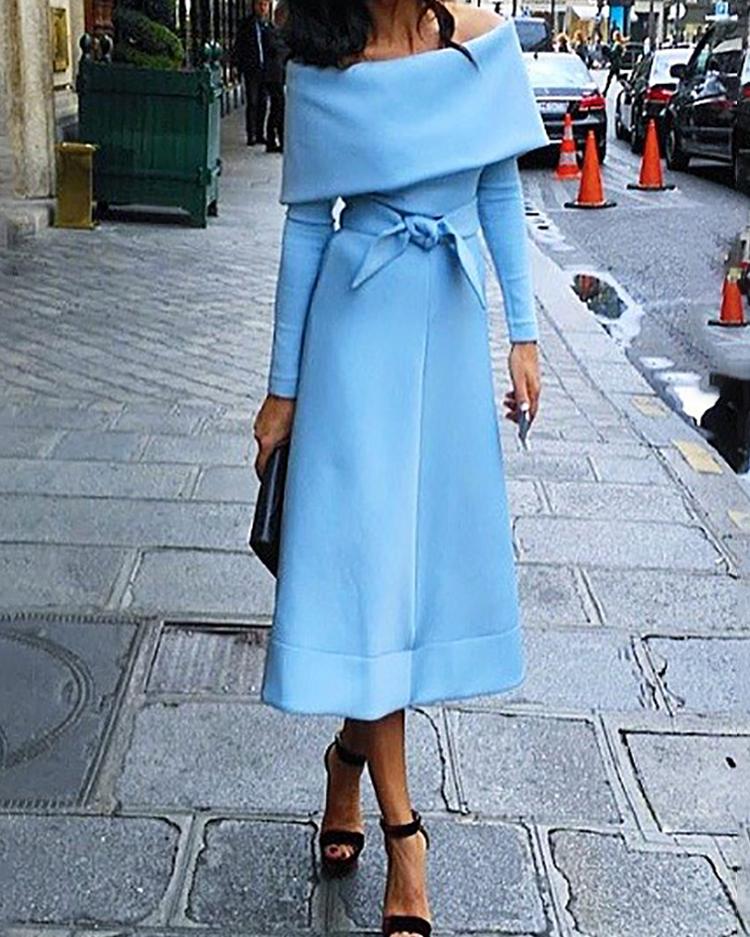 

Fold-Over Off Shoulder Belted Long Sleeve Dress