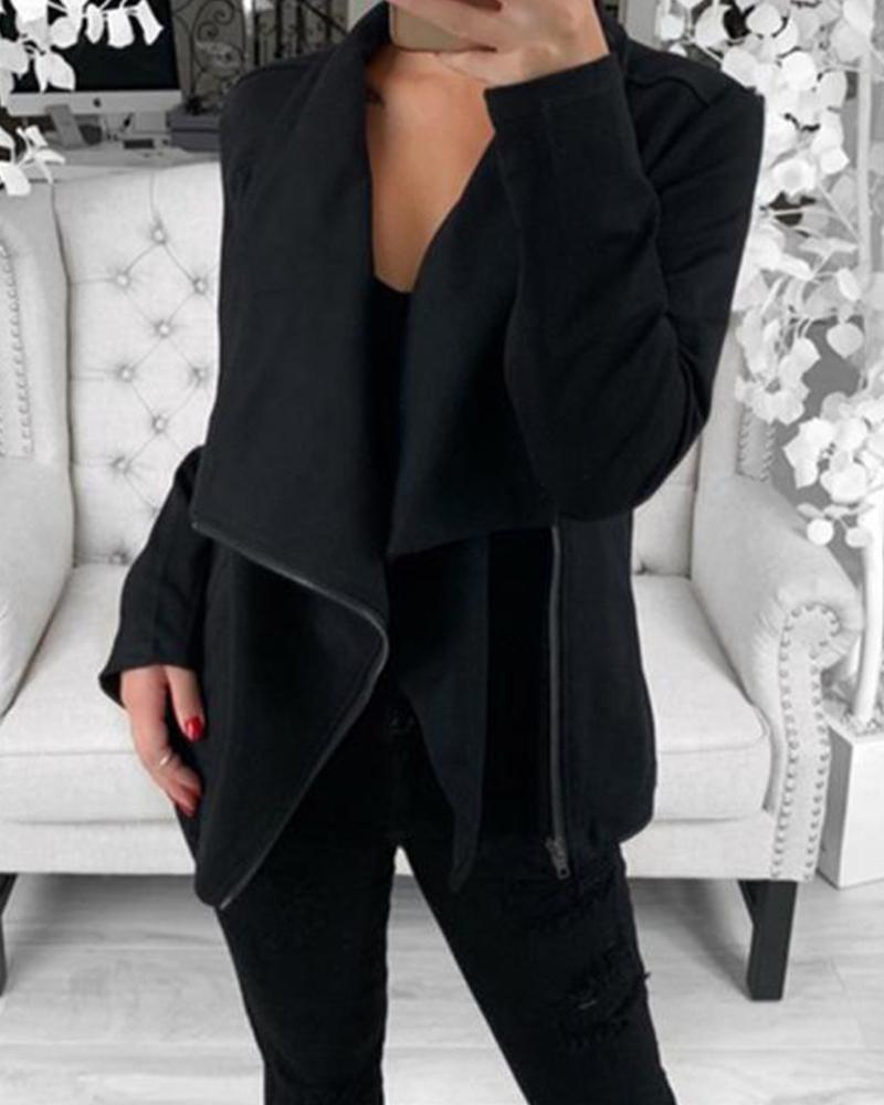 

Solid Asymmetric Long Sleeve Wrap Jacket, Black