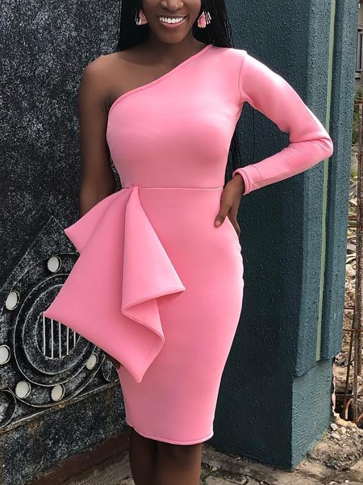 

Solid One Shoulder Ruffles Design Bodycon Dress
