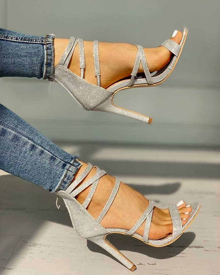 

Glitter Multi-strap Thin Heeled Sandals, Silver