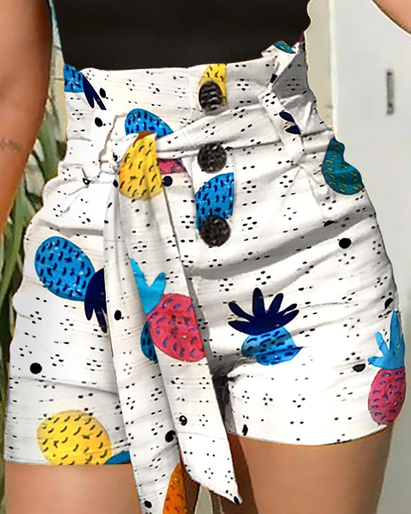 

High-waist Print Casual Shorts, White