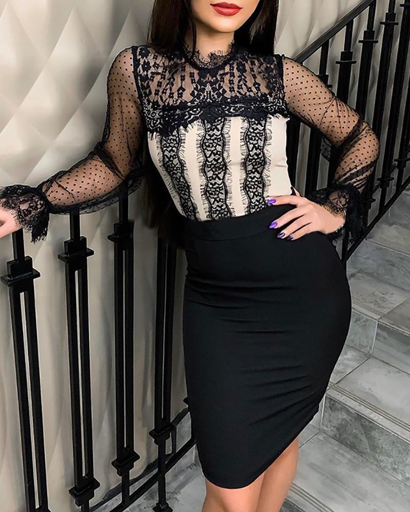 

Mesh Eyelash Lace Yoke Bell Cuff Dress, Black