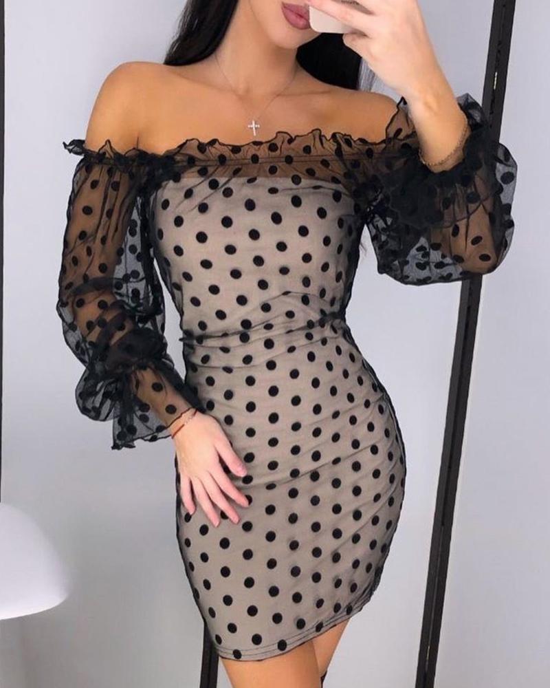 

Off Shoulder Dot Mesh Lace Hem Bodycon Dress, White