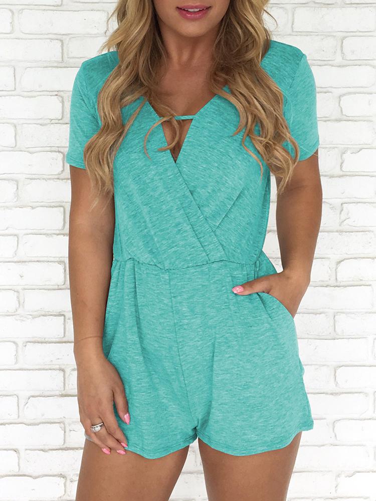 

Solid Short Sleeve Pocket Casual Wrap Playsuit, Green