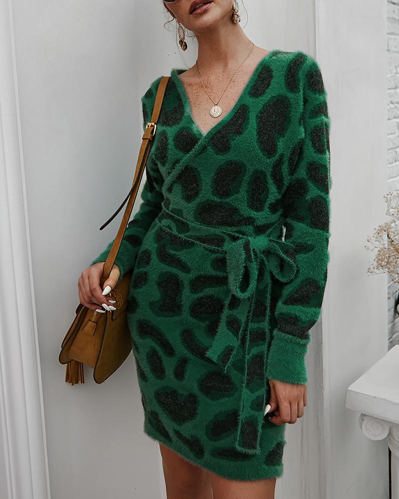 

Cheetah Print Fluffy Long Sleeve Dress, Green