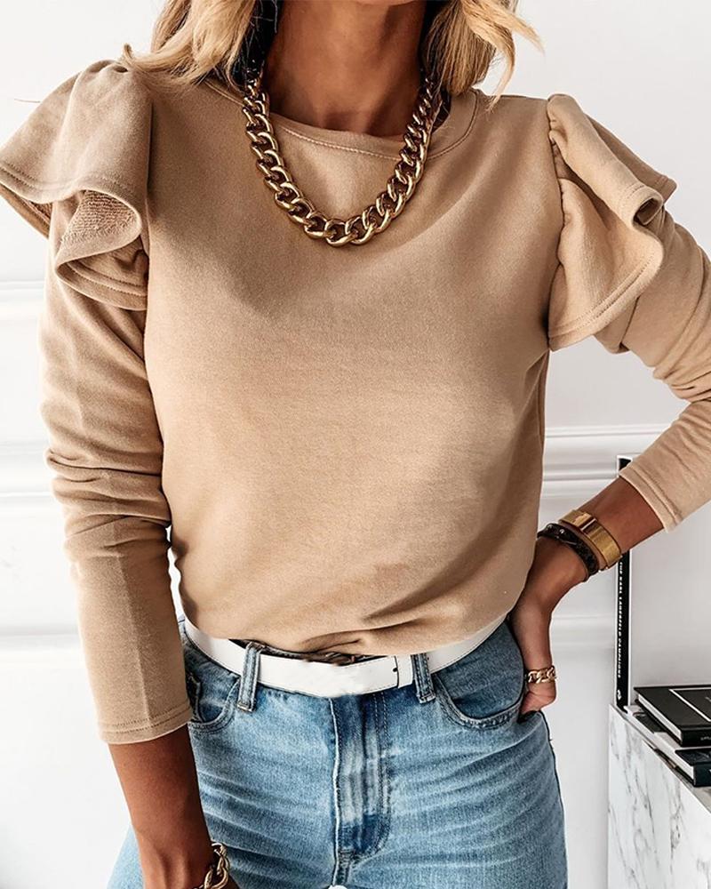 

Solid Ruffles Long Sleeve Loose Blouse, Khaki