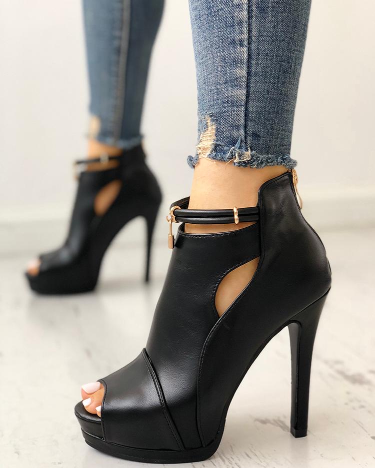 

Solid Peep Toe Cutout Platform Thin Heels, Black