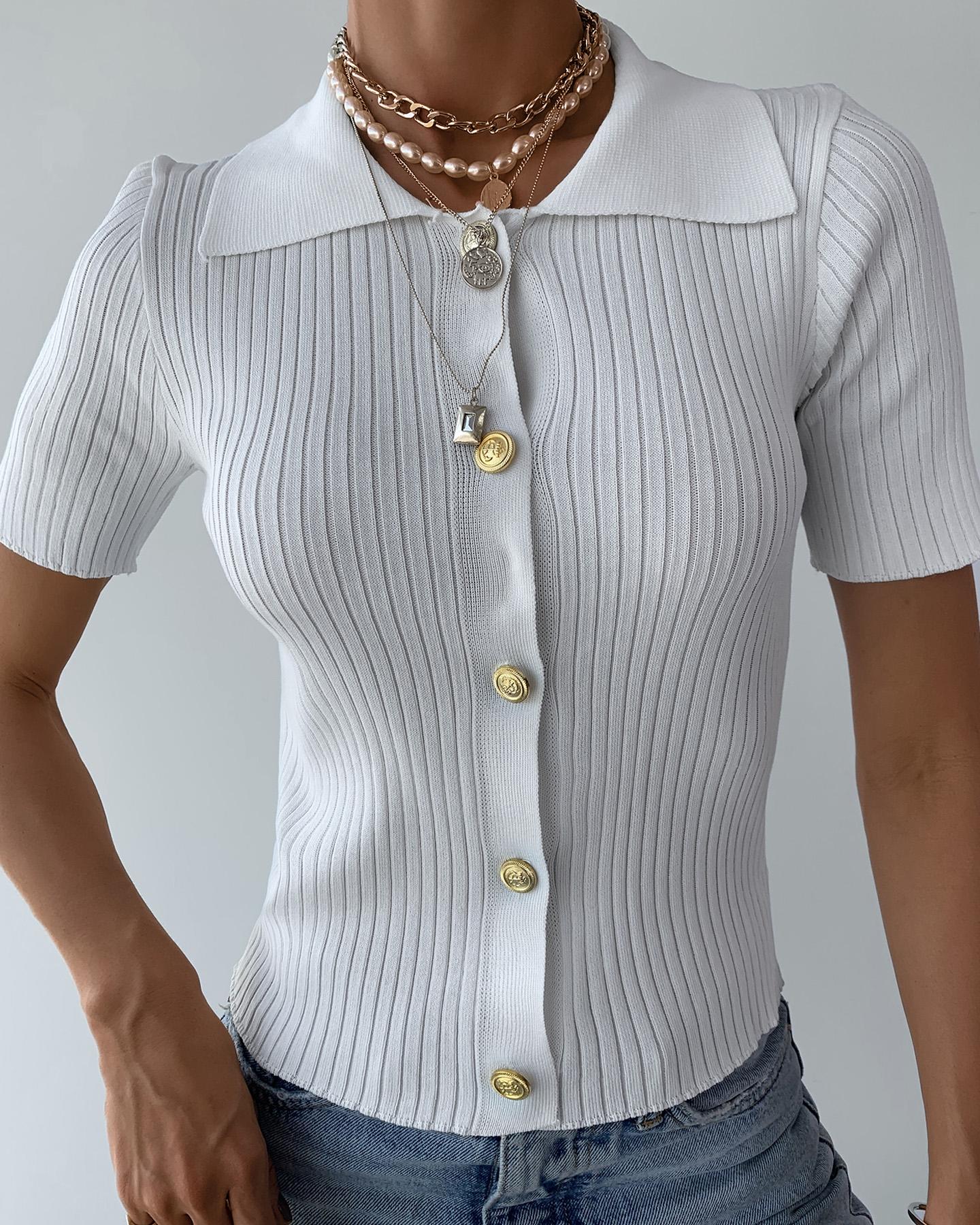 

Solid Button Design Knit Top, White