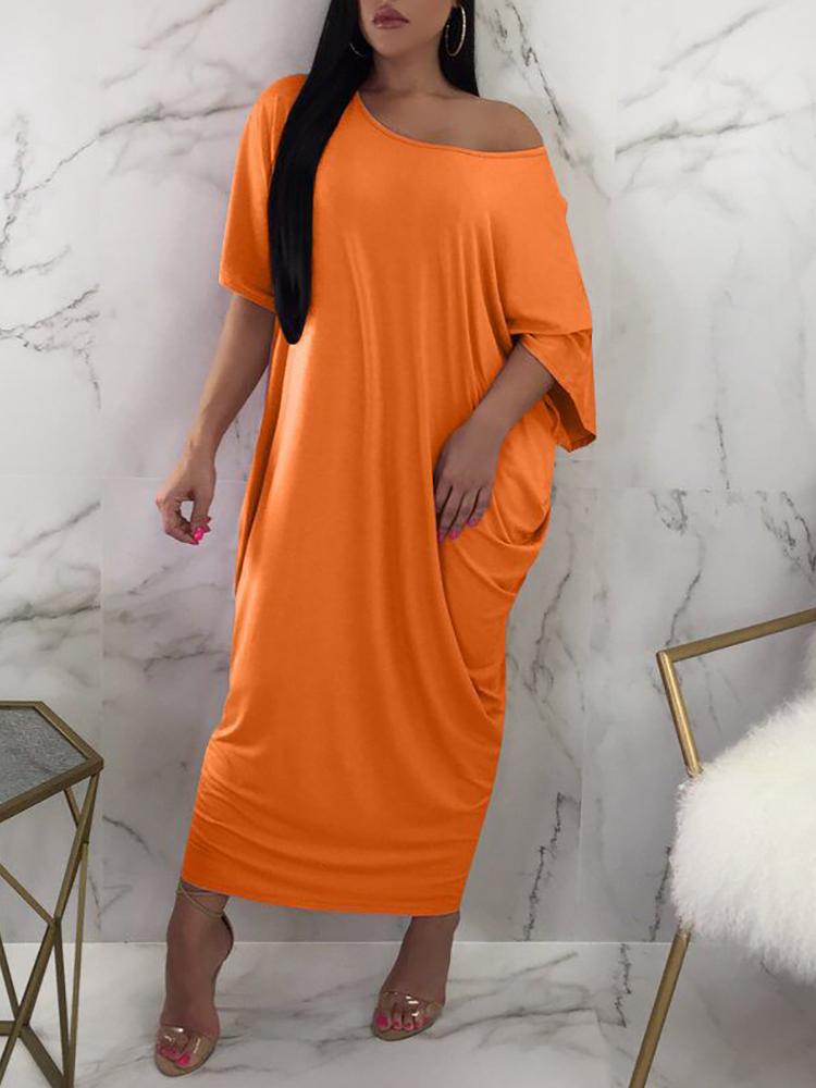 

Solid Loose Round Neck Casual Dress, Orange
