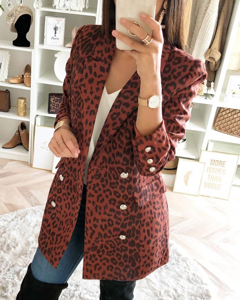 

Leopard Notched Collar Double-breasted Blazer, Brown