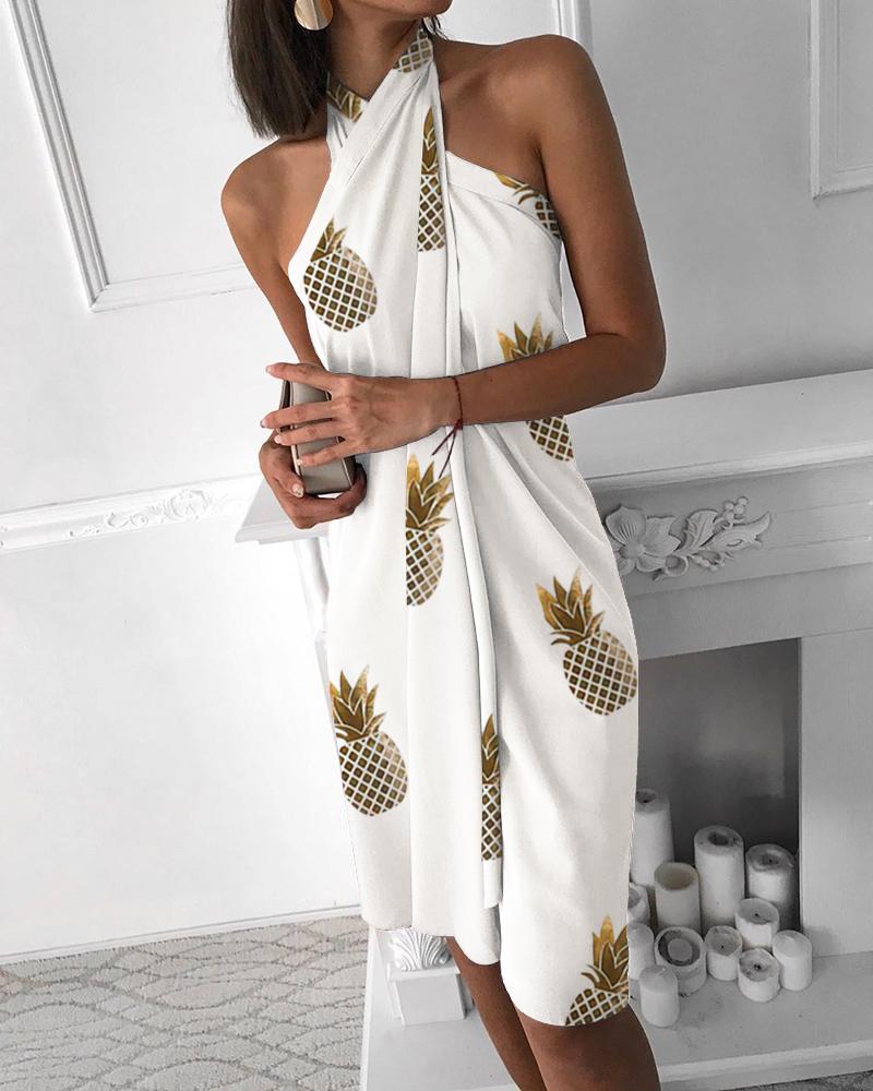 

Pineapple Print Halter Sleeveless Ruched Design Dress, White