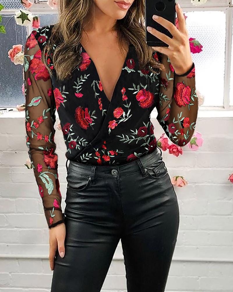 

Mesh Floral Embroidery Plunge Blouse, Black