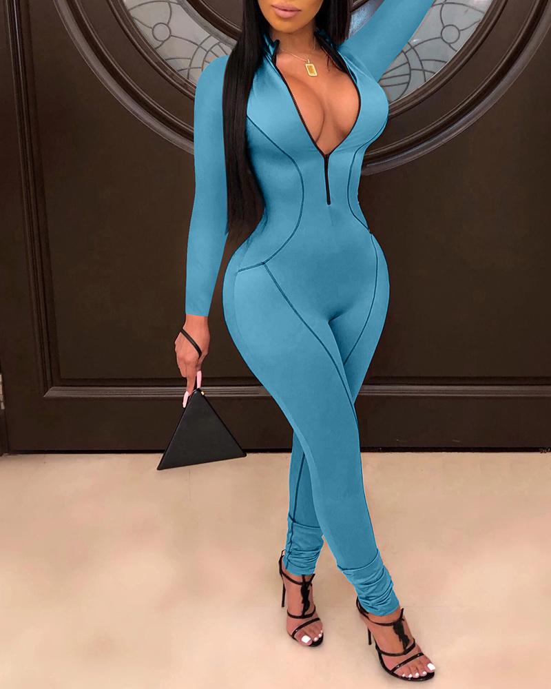 

Solid Piped Stripe Zipped Jumpsuit, Sky blue