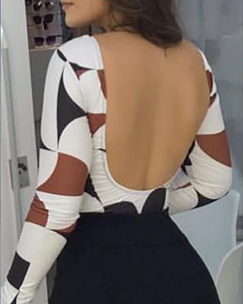 

Open Back Geo Print Bodysuit, White