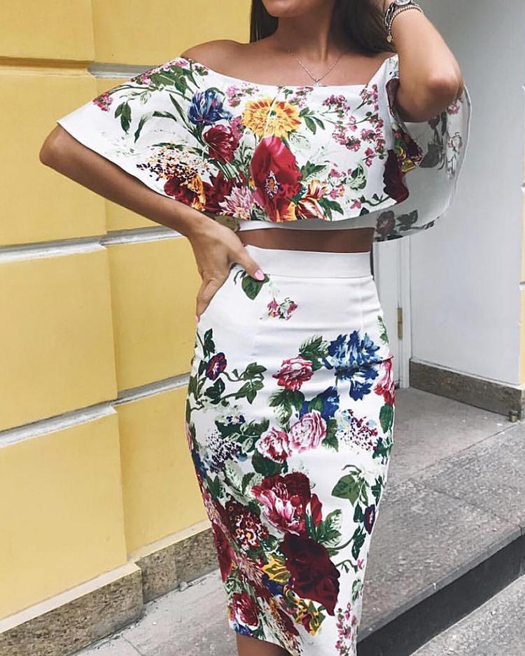 

Floral Print Off Shoulder Cropped Top & Skirt Set, White