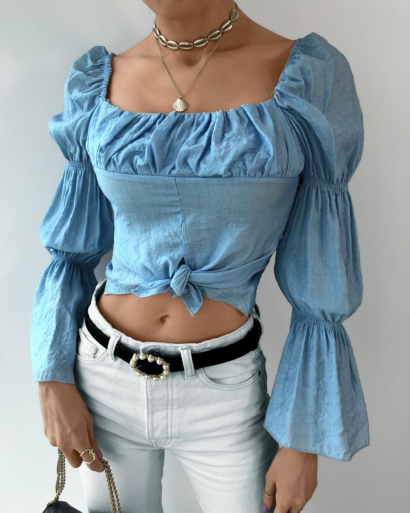 

Bell Sleeve Slit Front Ruched Top, Blue