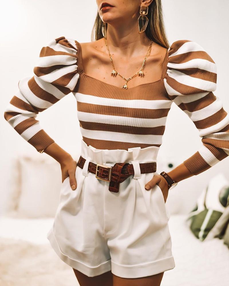 

Square Neck Striped Casual Top, Brown