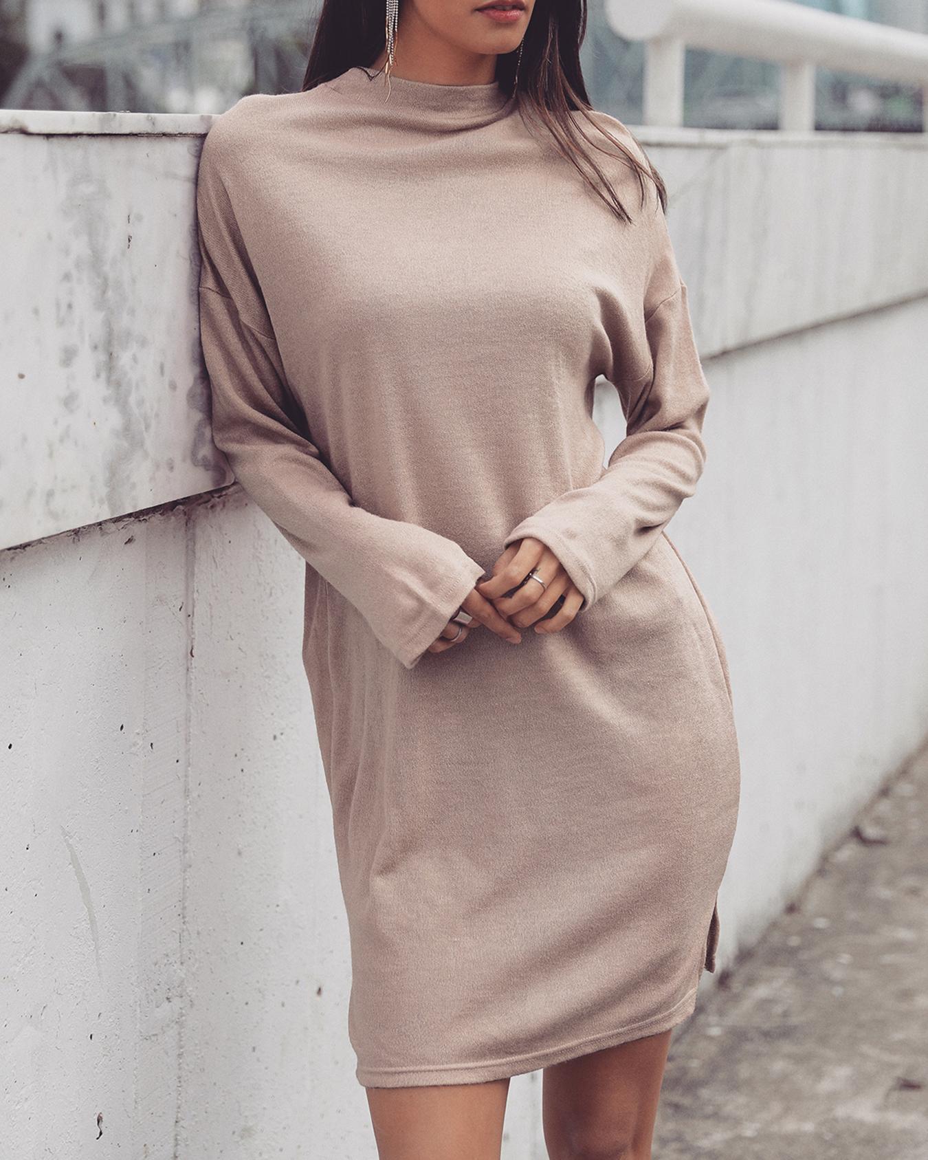

Solid High Neck Slit Casual Dress, Brown