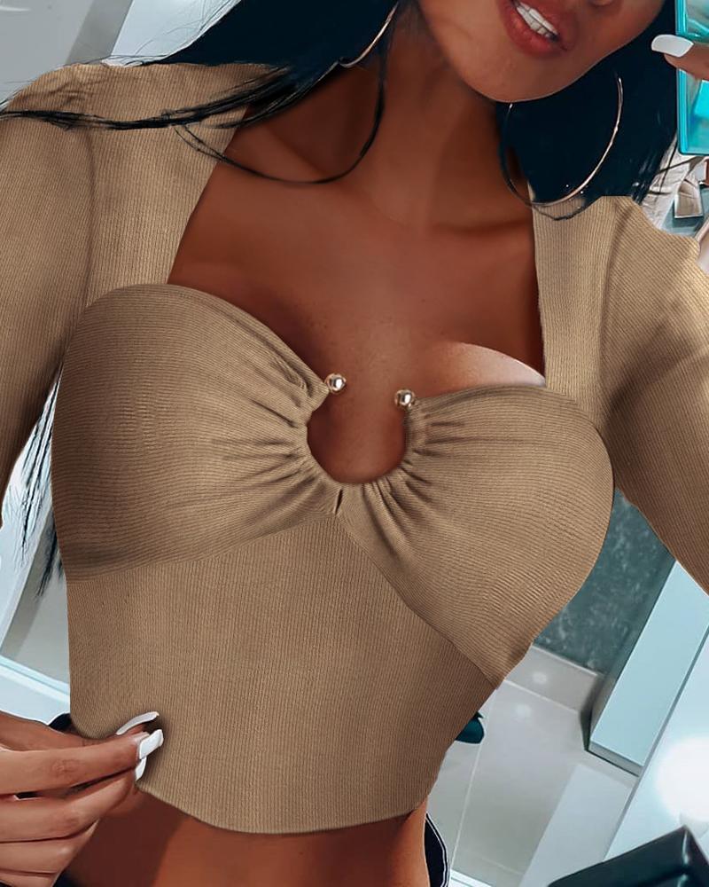 

O-Ring Ribbed Long Sleeve Crop Top, Khaki