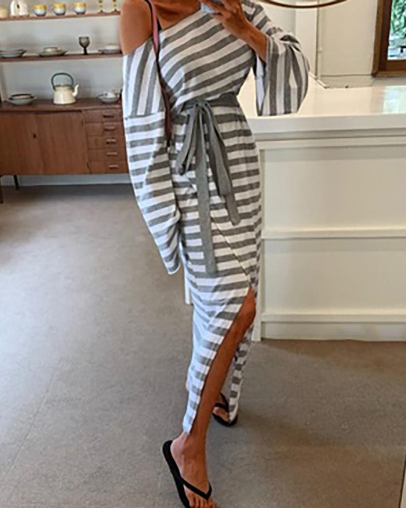 

Striped Colorblock One Shoulder High Slit Maxi Dress, Gray