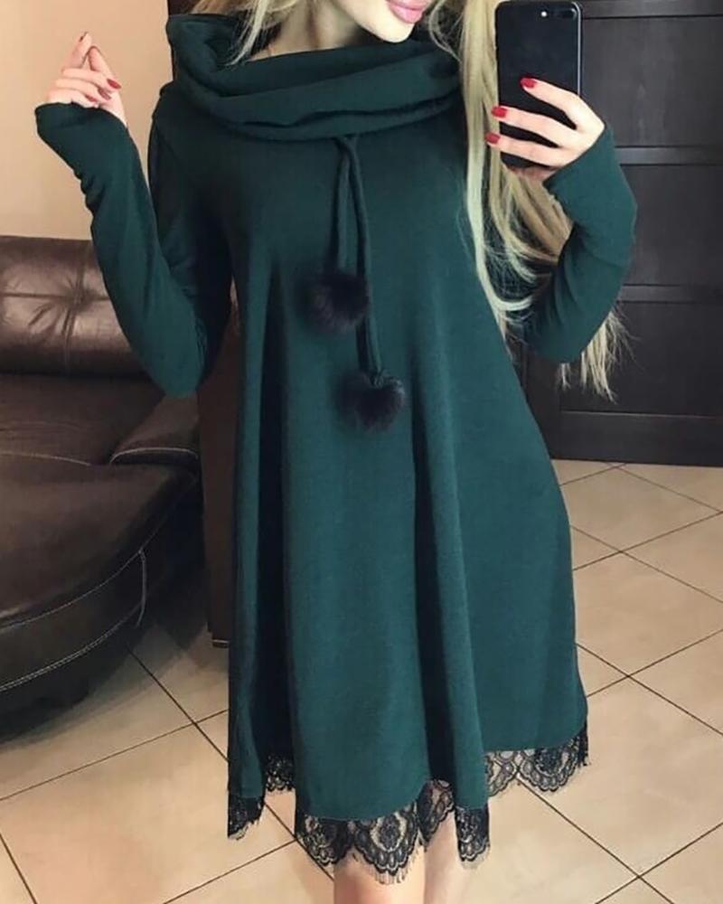 

Drawstring Design Pom Pom Eyelash Lace Insert Long Sleeve Sweatshirt Dress, Green