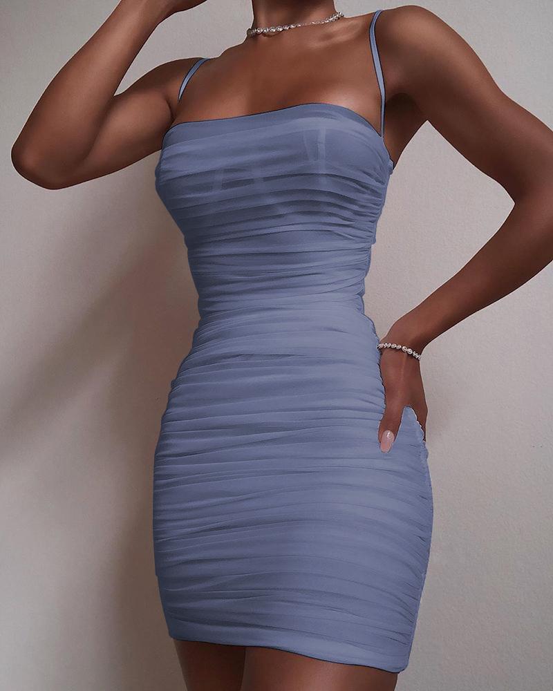 

Spaghetti Strap Mesh Ruched Bodycon Dress, Gray