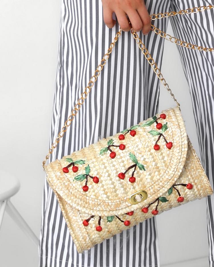 

Cherry Pattern Straw Shoulder Bag, Beige