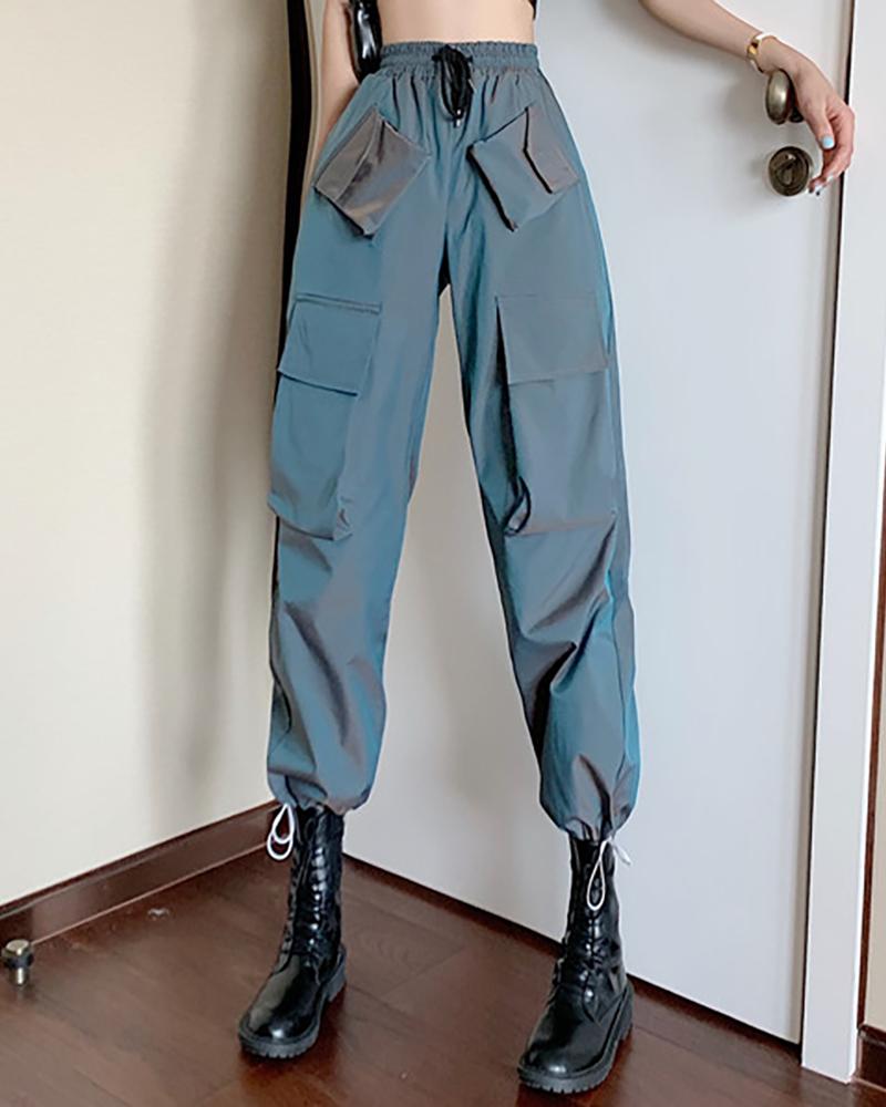 

Drawstring Pocket Design Solid Cargo Pants, Blue