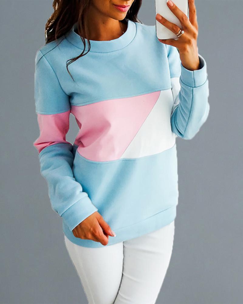 

Round Neck Colorblock Insert Casual Sweatshirt, Pink