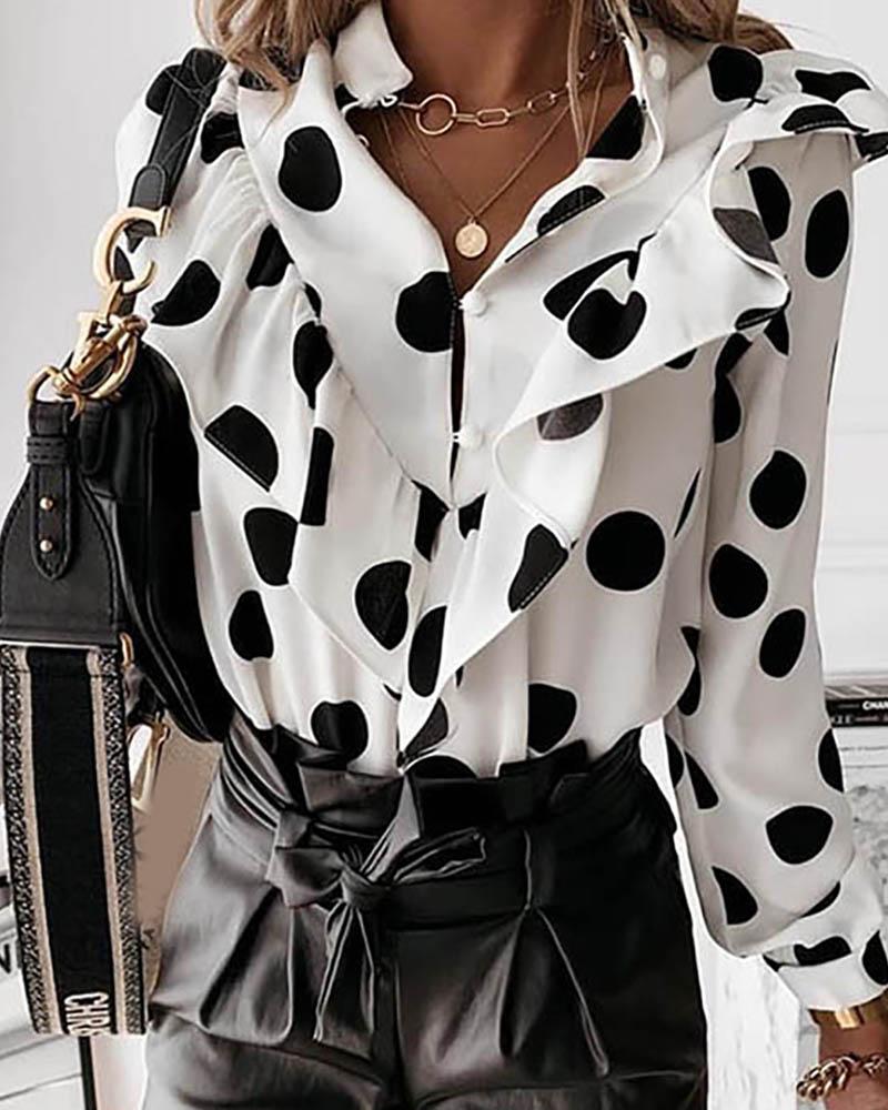 

Dot Print Ruffles Buttoned Casual Shirt, White