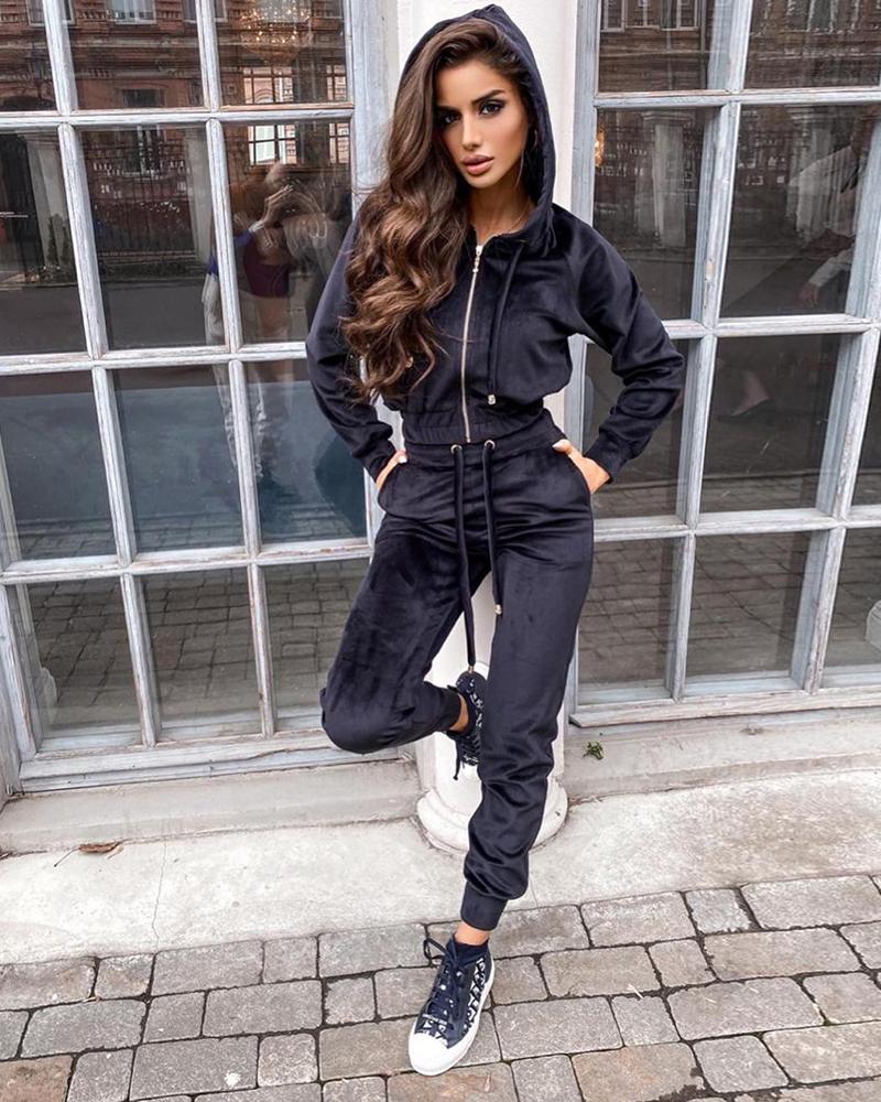

Zipper Design Long Sleeve Hooded Top & Drawstring Pants Set, Black