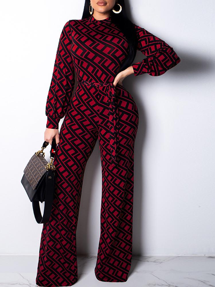 

Geo Print Long Sleeve Belted Jumpsuits, Wine red